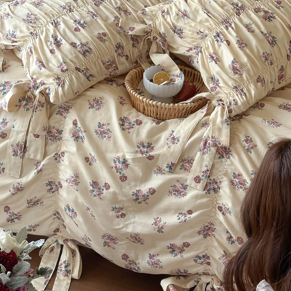 Dusty Floral Cotton Muslin Bedding Set – Ribbon Tie Cottage