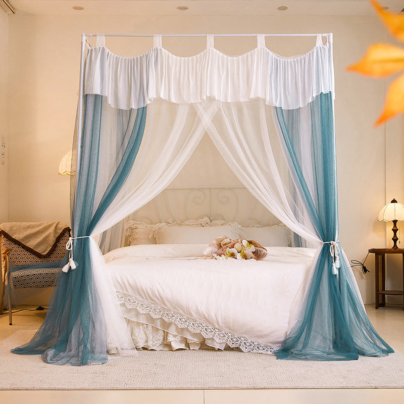 Elegant canopy bed with blue and white curtains, lace bedding, cozy bedroom decor