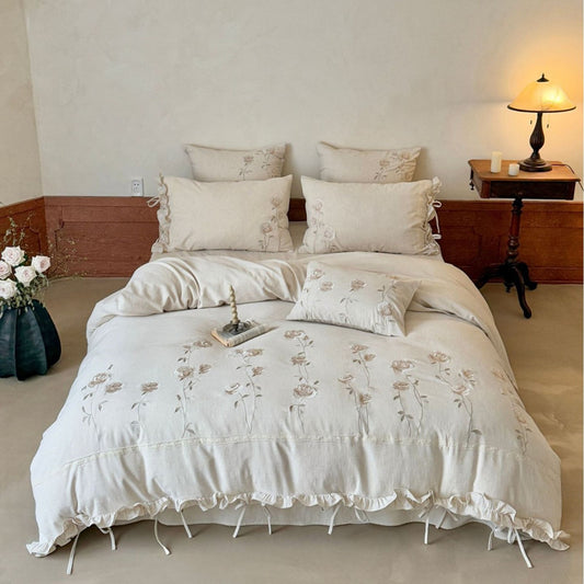 Embroidered Rose Cotton Linen Bedding Set