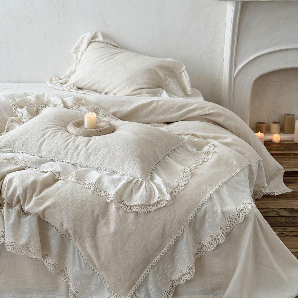 French Vintage Lace Trim Cotton Linen Bedding Set – 4 Pieces