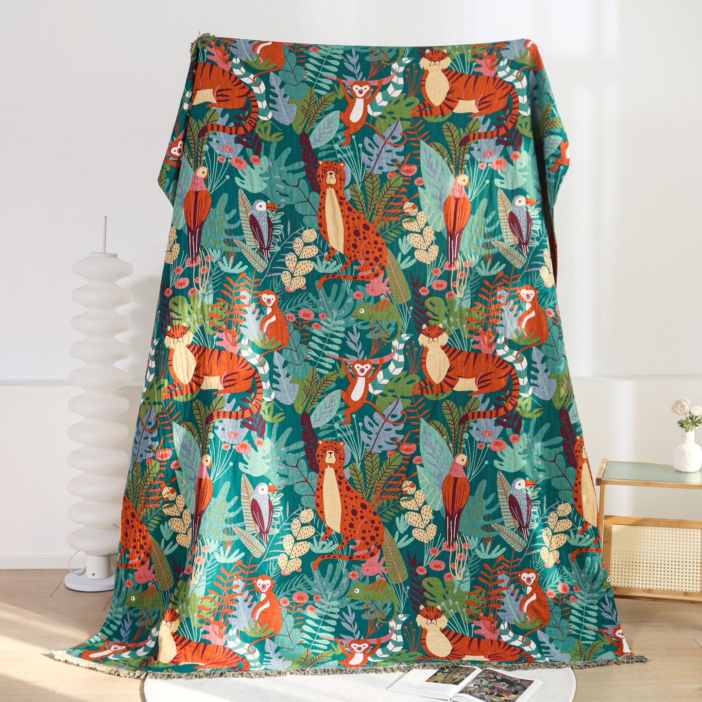 Jungle Animal Cotton Jacquard Throw Blanket – Reversible