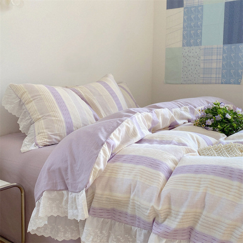Lavender Cotton Lace Stripe Bedding Set