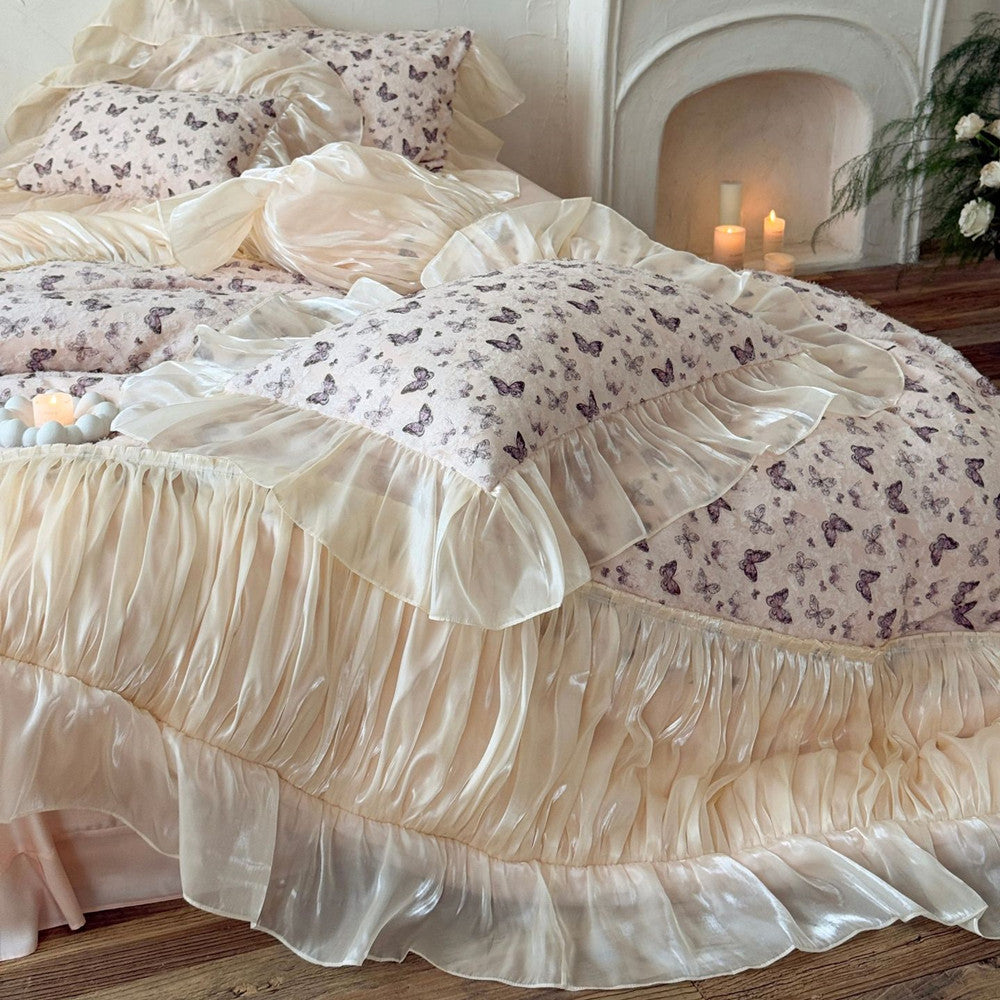 Butterfly Ruffled Bedding Set in soft light, highlighting lace trim detail.