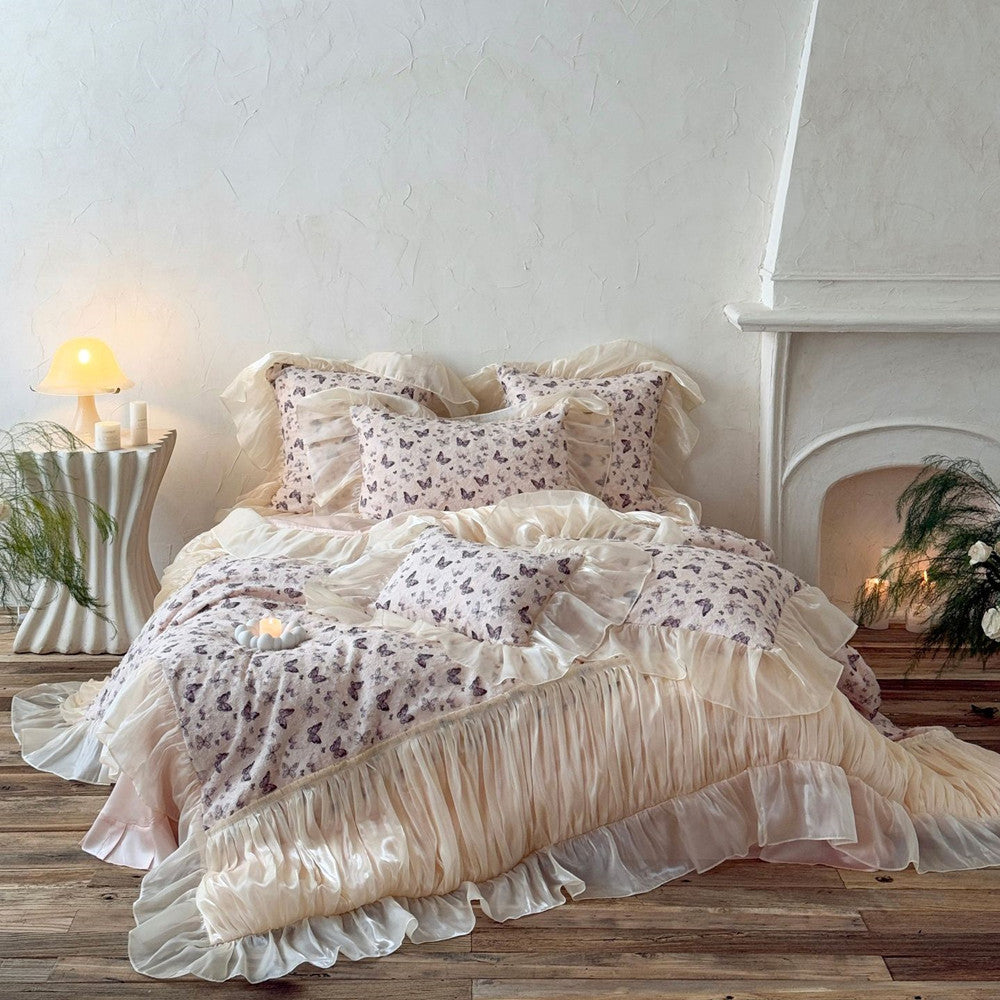 Aesthetic Cottagecore Butterfly Ruffled Bedding Set Full View.