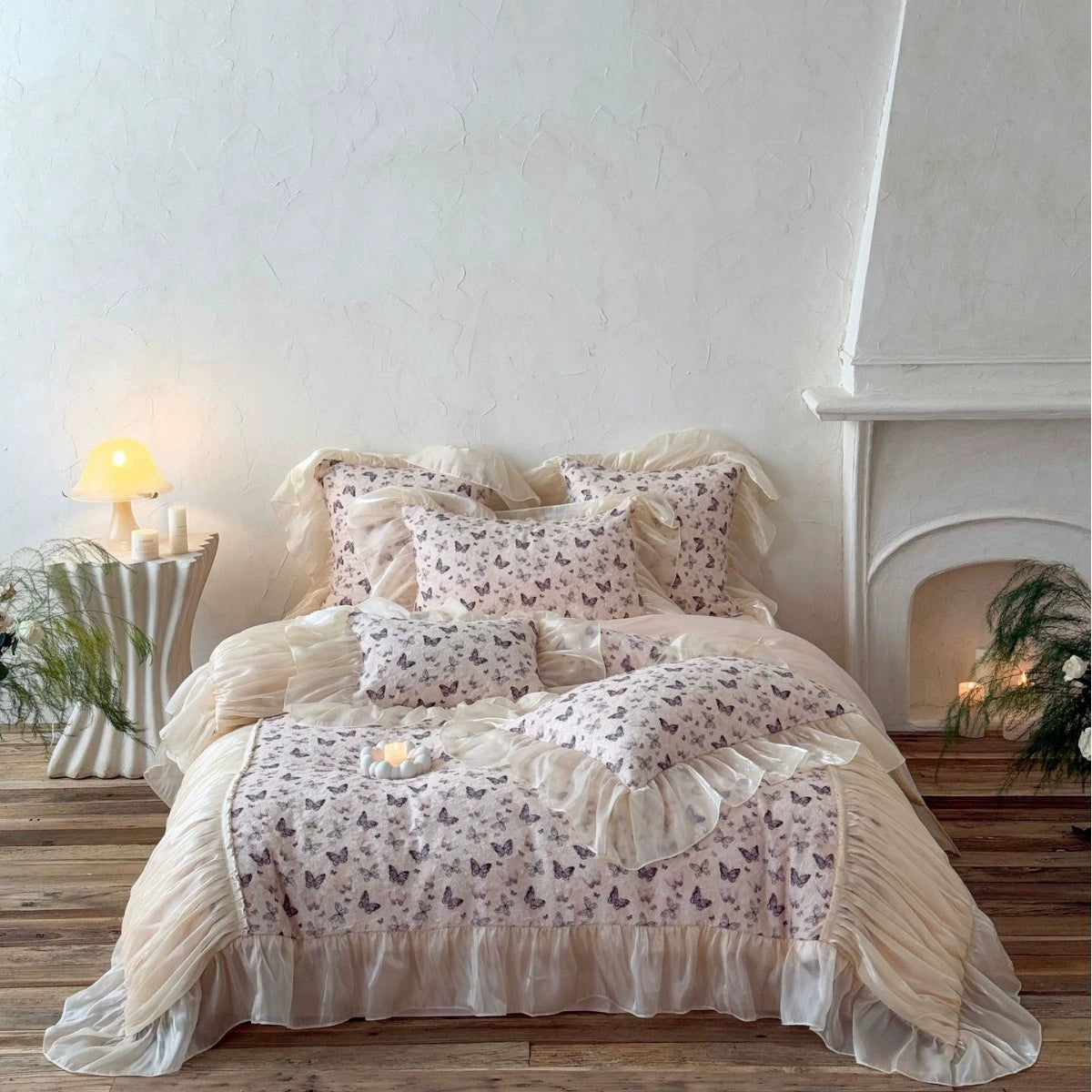 Romantic Butterfly Ruffled Set with golden lighting accent in bedroom.