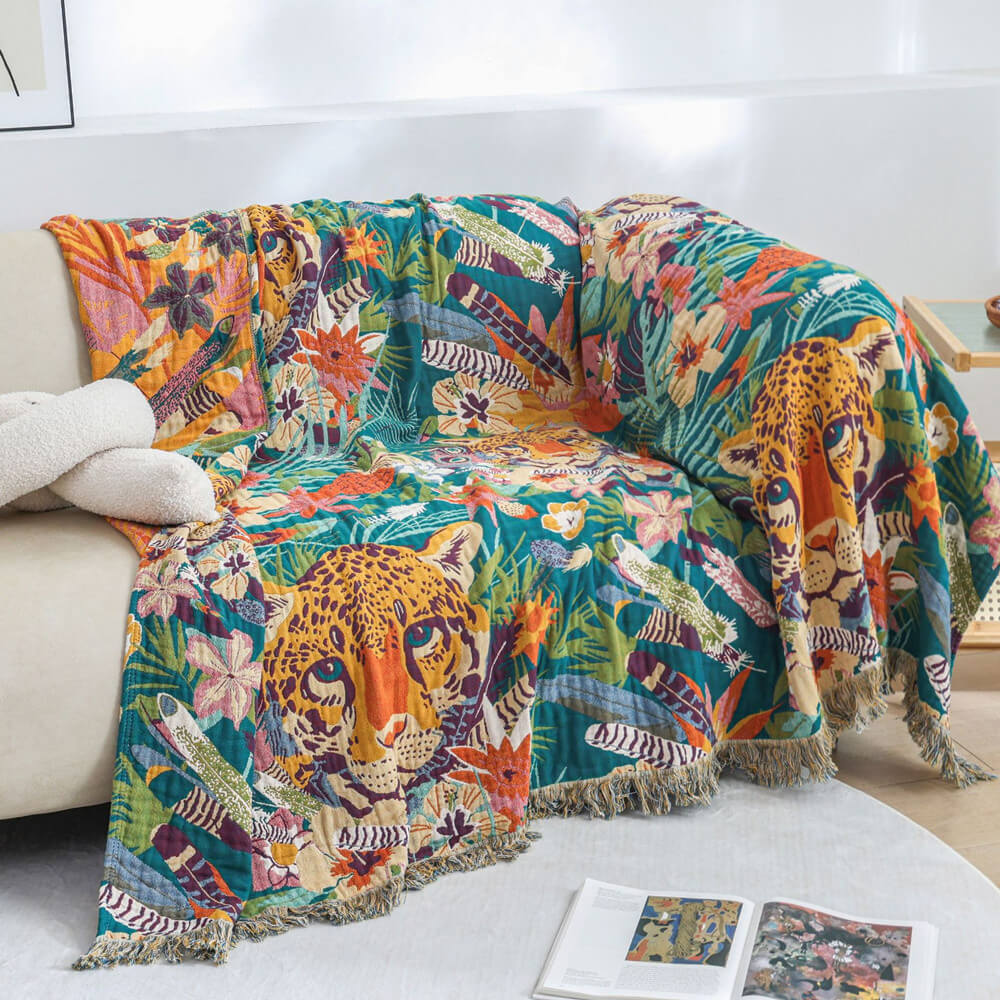 Jaguar Jungle Throw Blanket – Cotton Jacquard