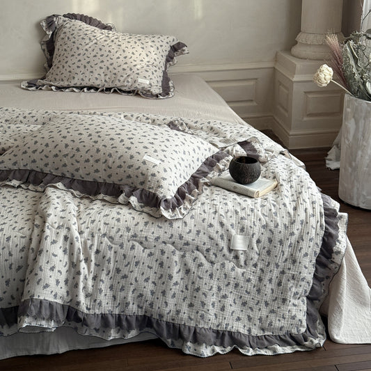 Dusty Blue Floral Comforter – Lightweight Cotton Gauze Quilt - StuffedHome