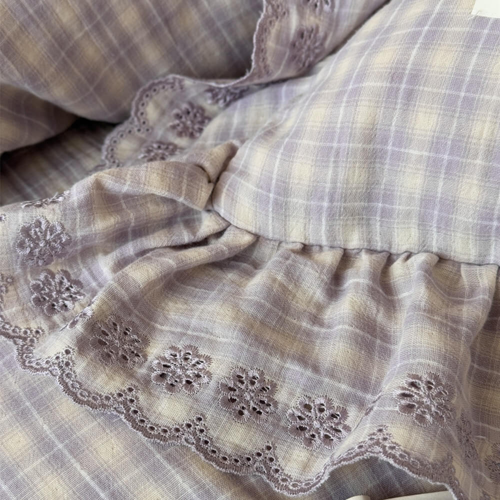 lavender plaid ruffled duvet cover set with embroidered lace and ruffle detail