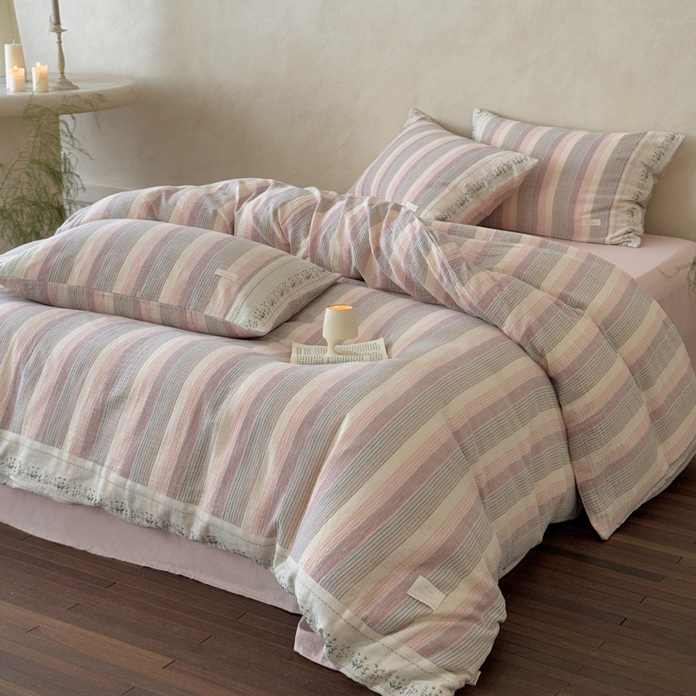 Striped Cotton Gauze Duvet Cover Set – Soft Pink