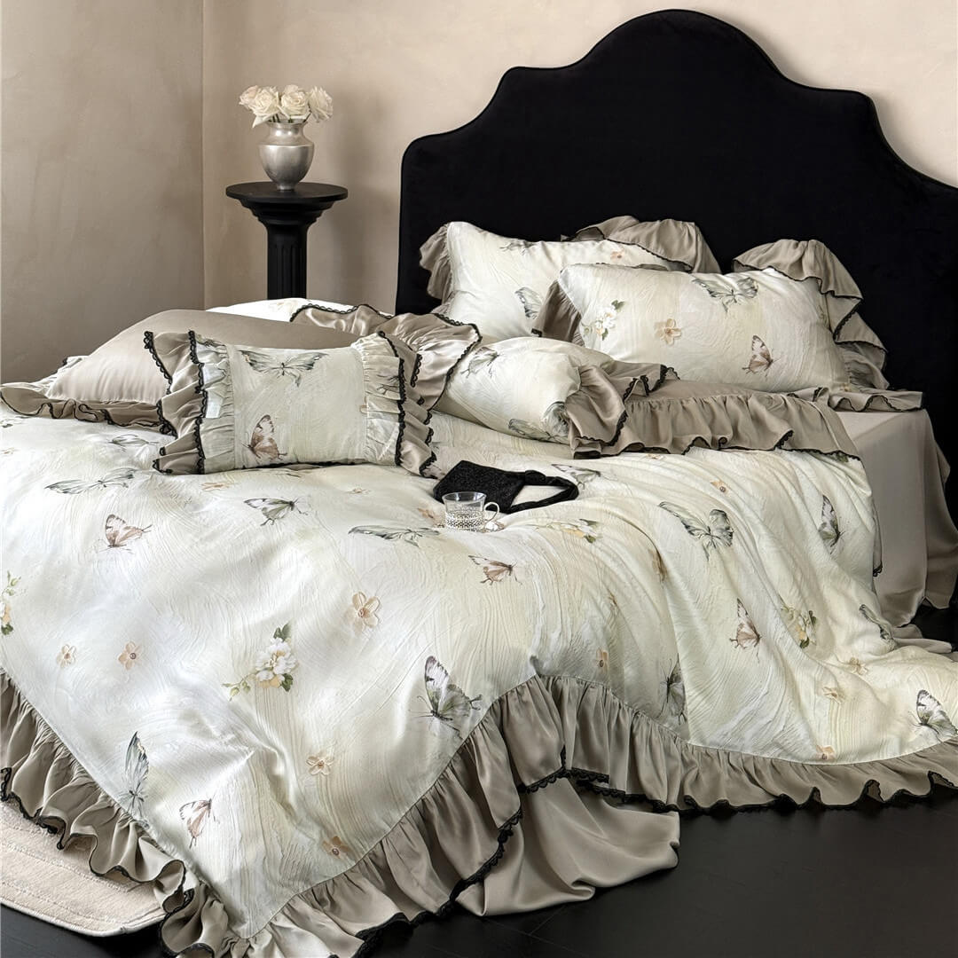 Styled full image of the Soft TENCEL™ Butterfly Duvet Cover Set with Ruffles, showing the complete look in a classic, sophisticated bedroom setting.