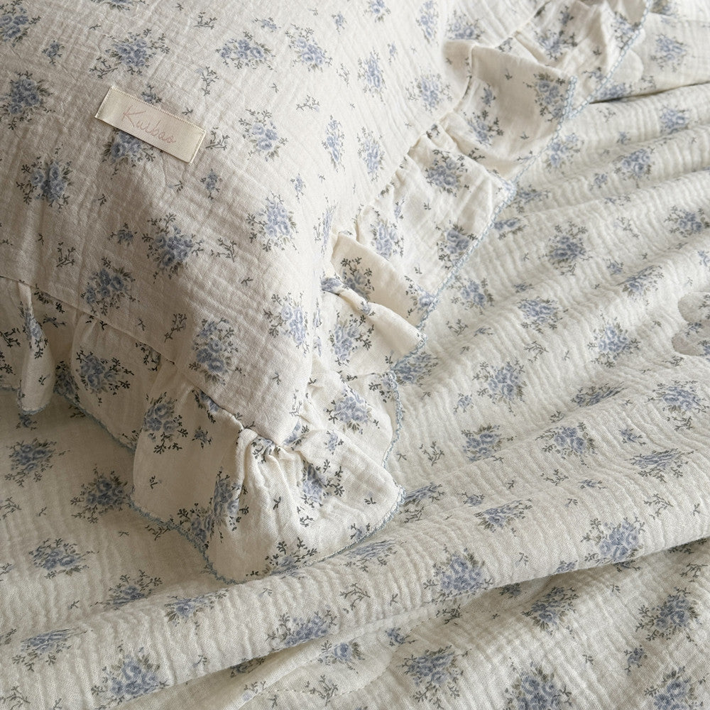 Floral cotton comforter and pillow with double ruffle detail