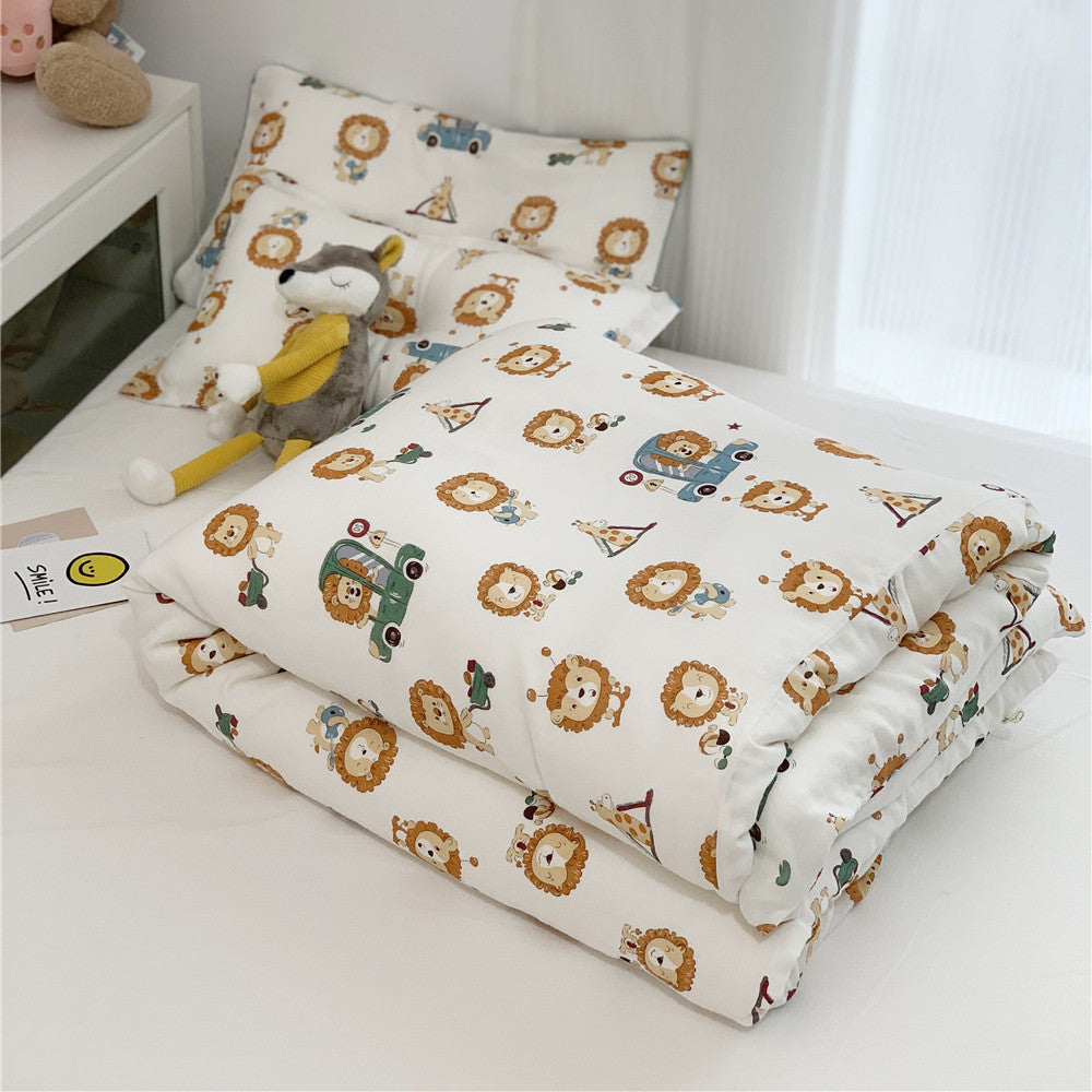 Folded Twin Size Bamboo Duvet Cover and pillow shams with a fun, all-over pattern of lions driving safari vehicles.