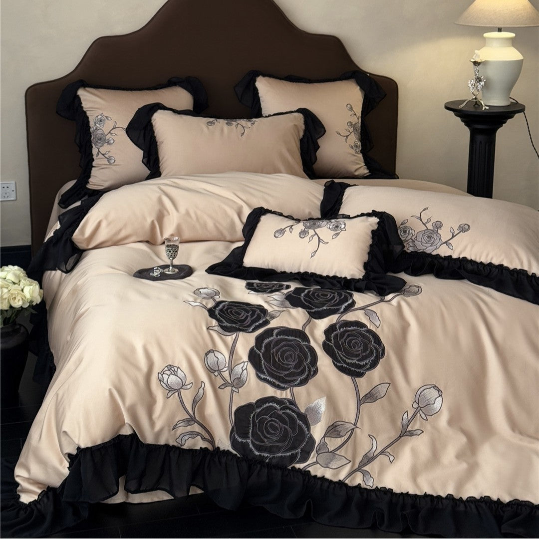 Black Rose Duvet Cover Set – Ruffled 100% Cotton Bedding - StuffedHome