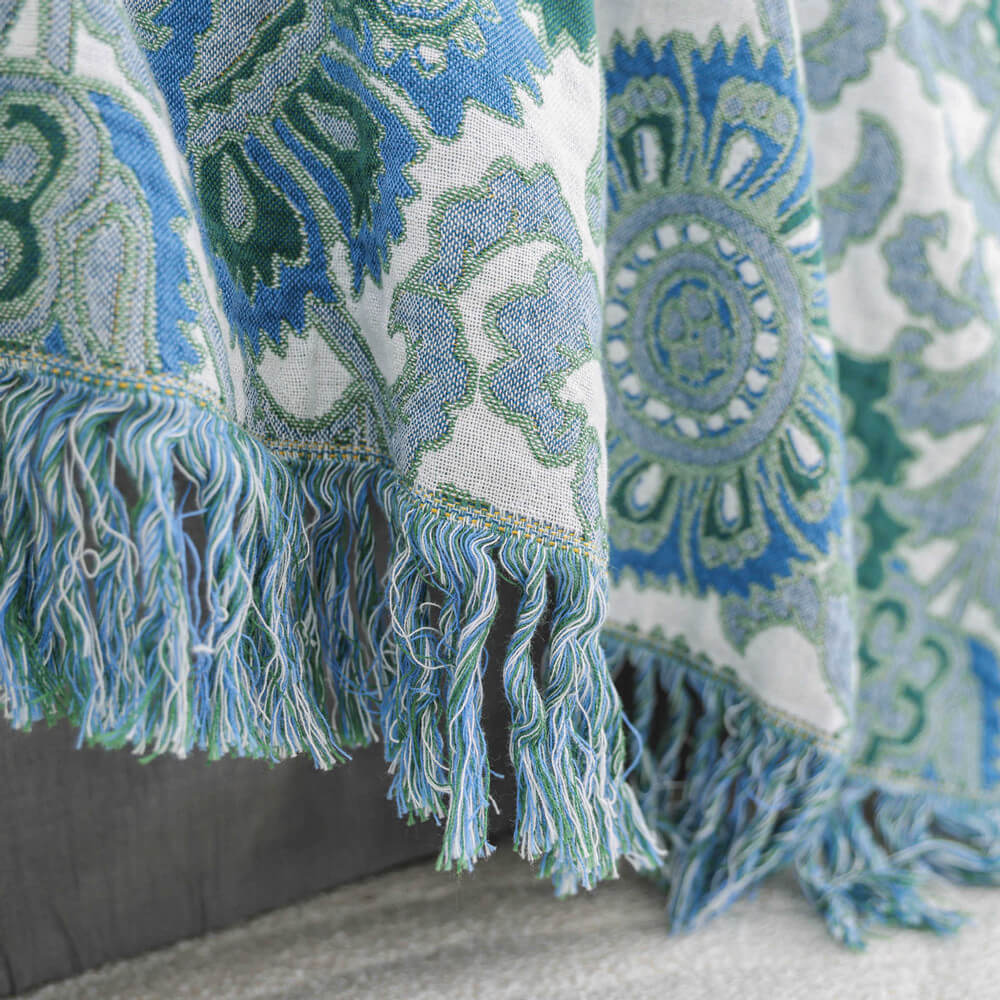 Blue Floral Jacquard Throw Blanket with Tassels 60"x80" - StuffedHome