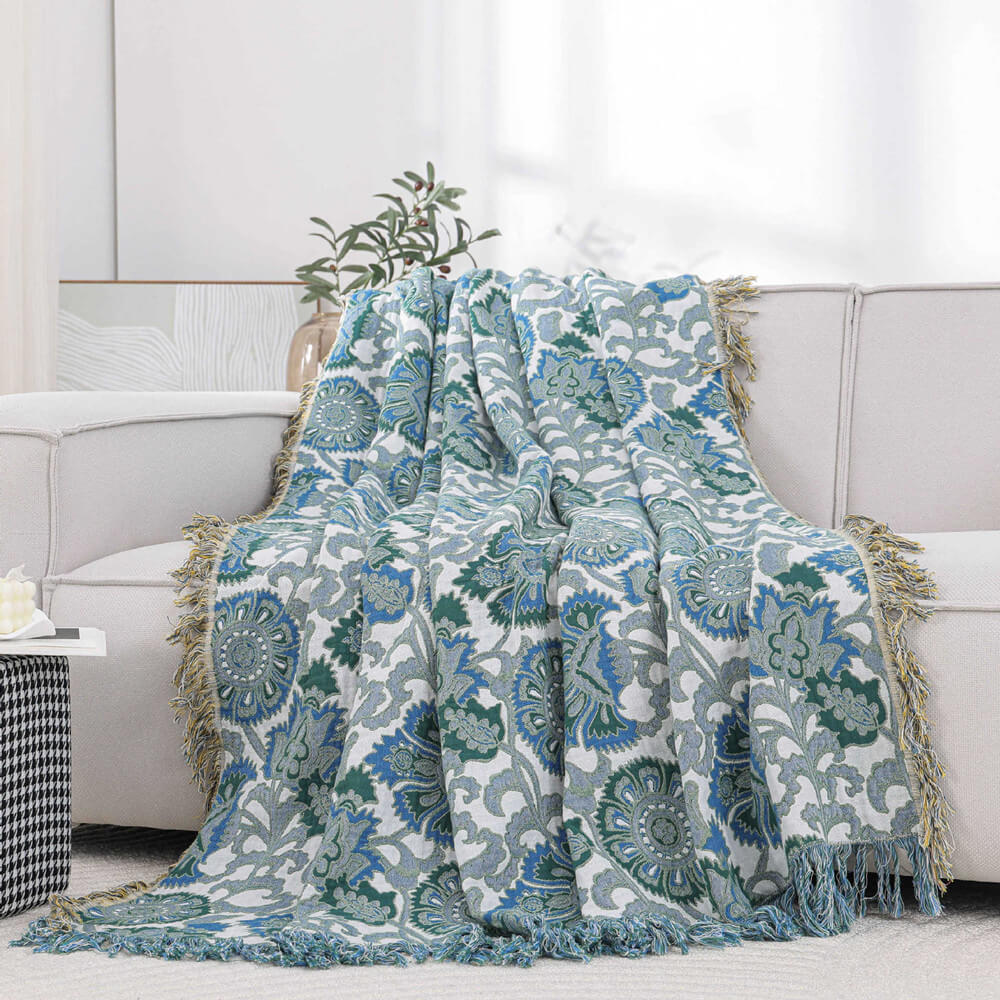 Blue Floral Jacquard Throw Blanket with Tassels 60"x80" - StuffedHome
