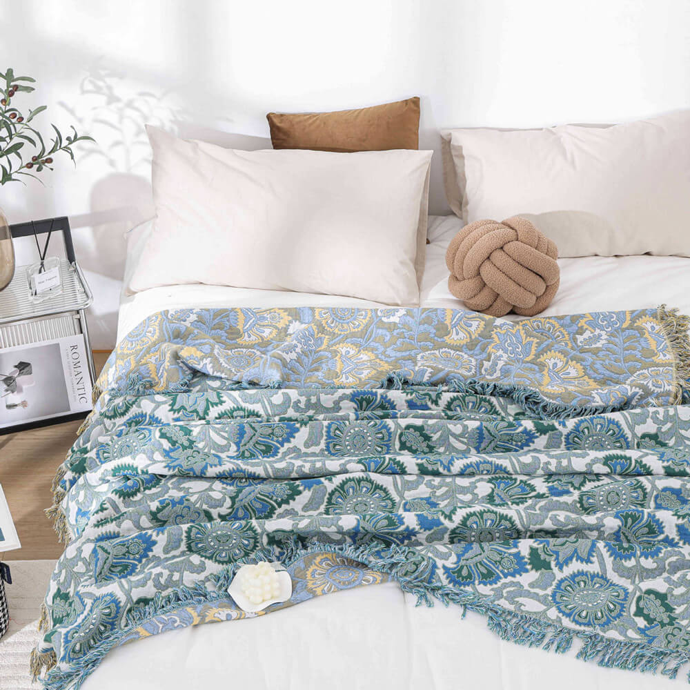 Blue Floral Jacquard Throw Blanket with Tassels 60"x80" - StuffedHome