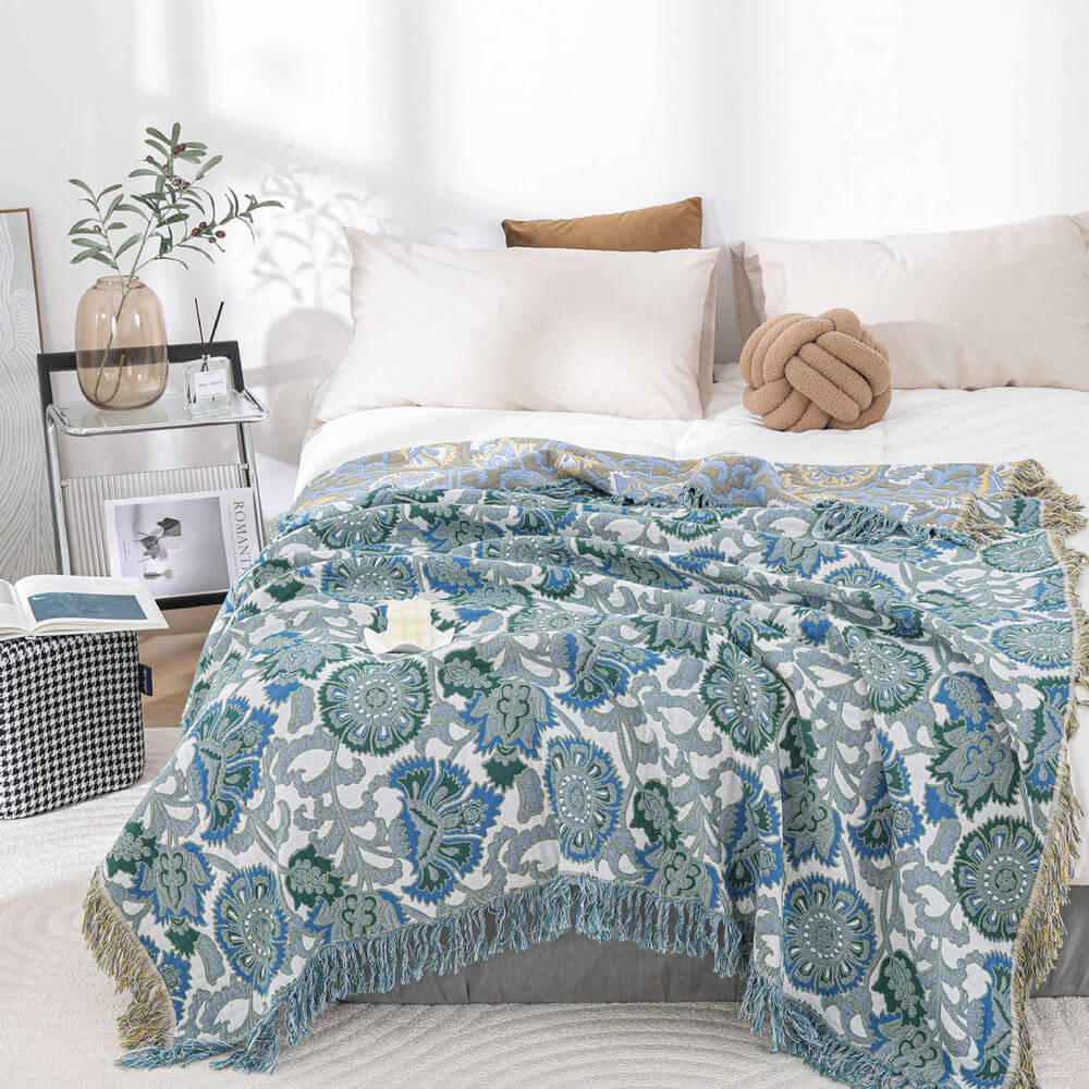 Blue Floral Jacquard Throw Blanket with Tassels 60"x80" - StuffedHome