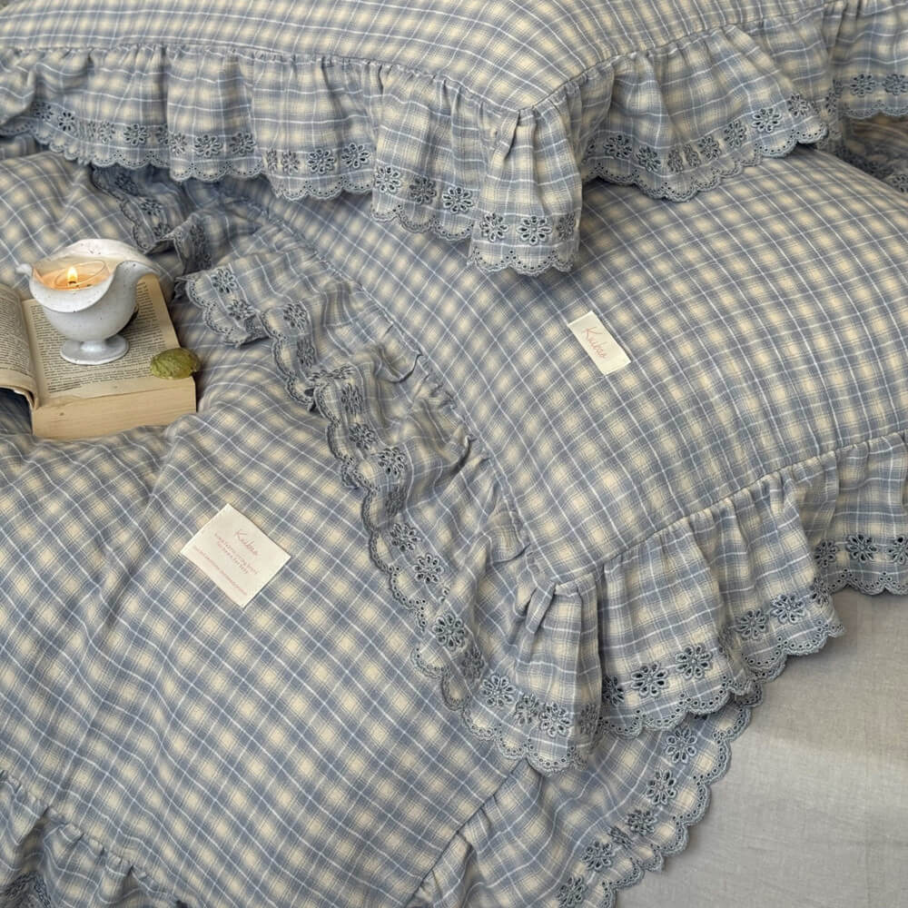 Pillowcases and duvet cover, dusty blue plaid cotton muslin with ruffle