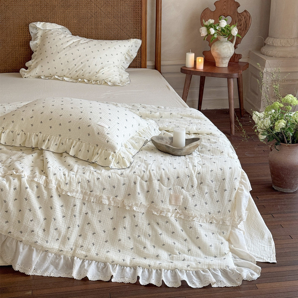 Close-up of double ruffle trim on girly cotton comforter