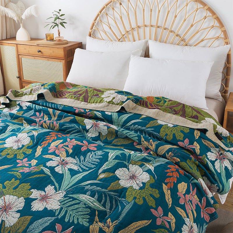 Soft jacquard cotton throw blanket with floral weave texture