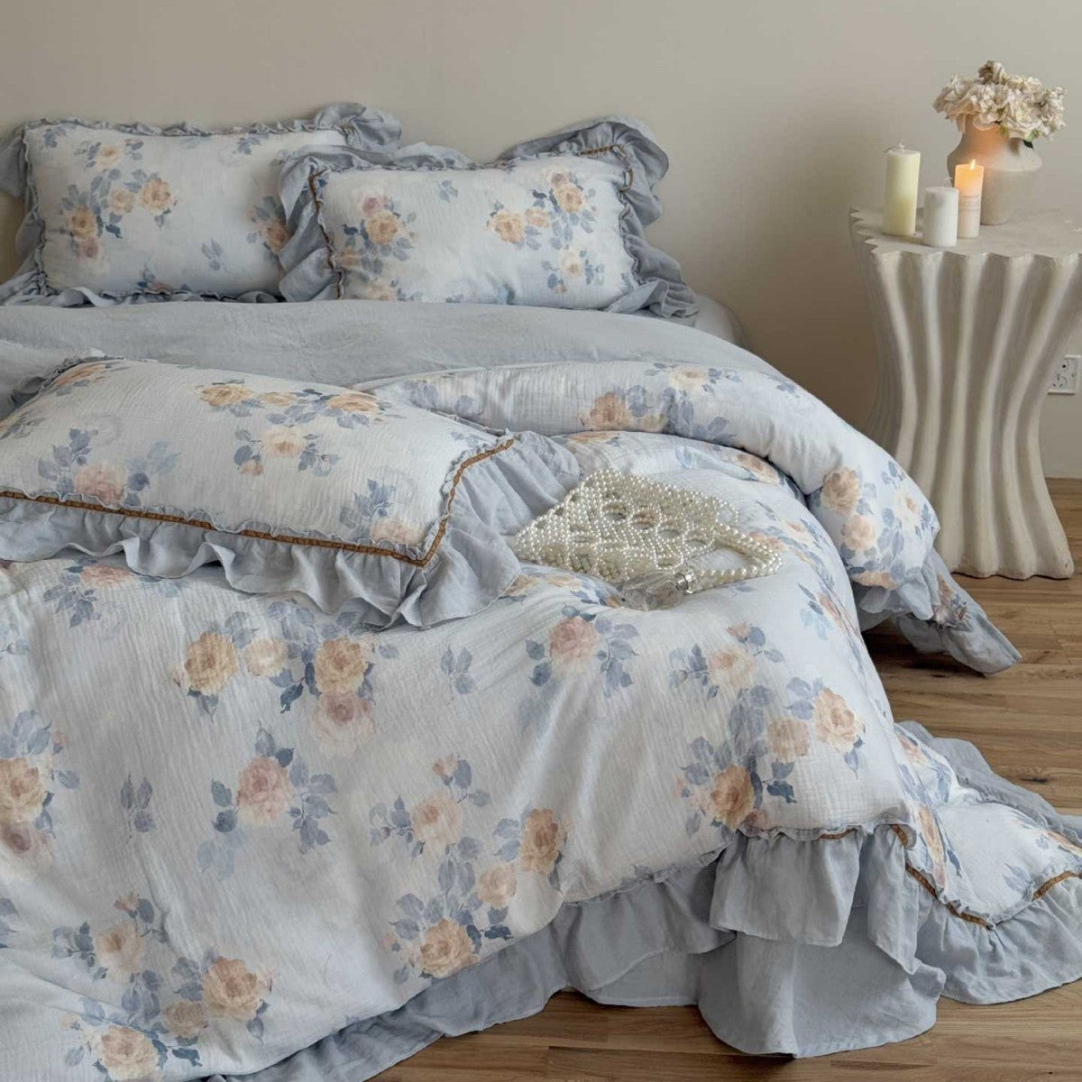 Dusty blue floral gauze bedding set with ruffled trim