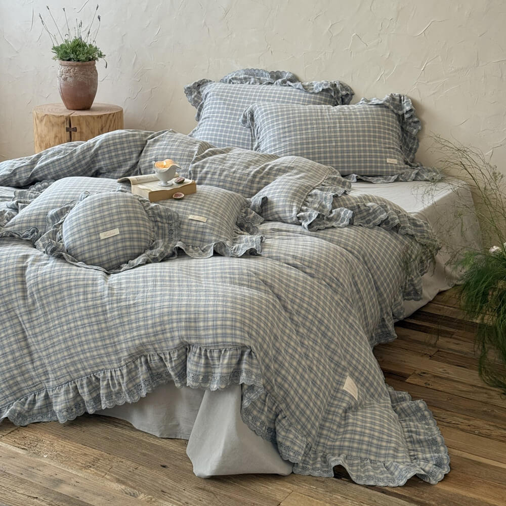 Soft blue plaid bedding set, cotton muslin fabric, wide ruffle edges