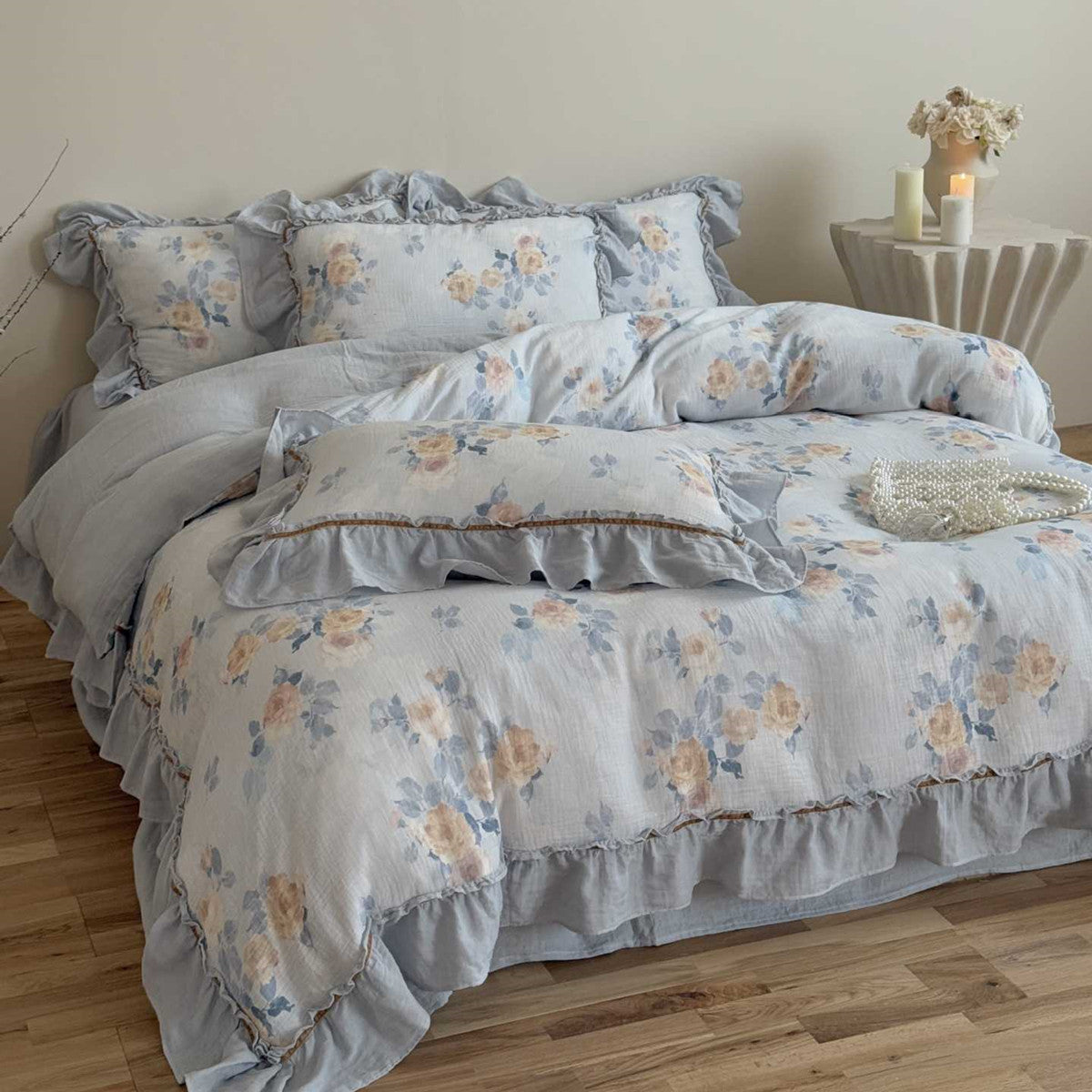 Dusty Blue Floral Gauze Bedding Set – Ruffled Elegance - StuffedHome