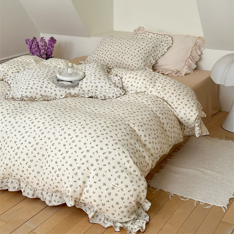 Full view of the Ruffled Rose Floral Duvet Cover Set and shams, made from soft Cotton Gauze Bedding.