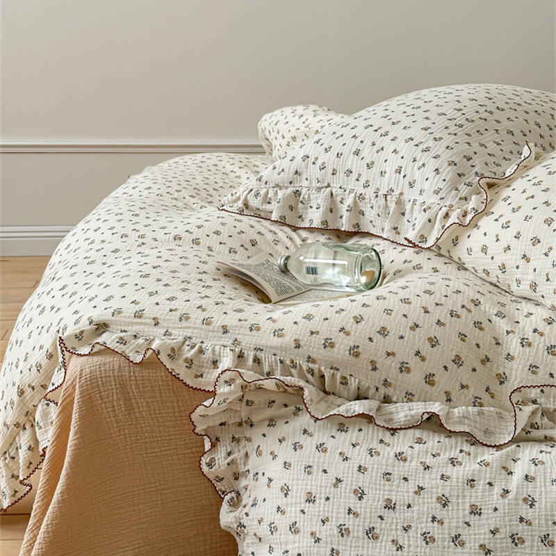 Close-up of Rose Floral Duvet Cover Set showing the delicate ruffle edge and breathable cotton gauze fabric.
