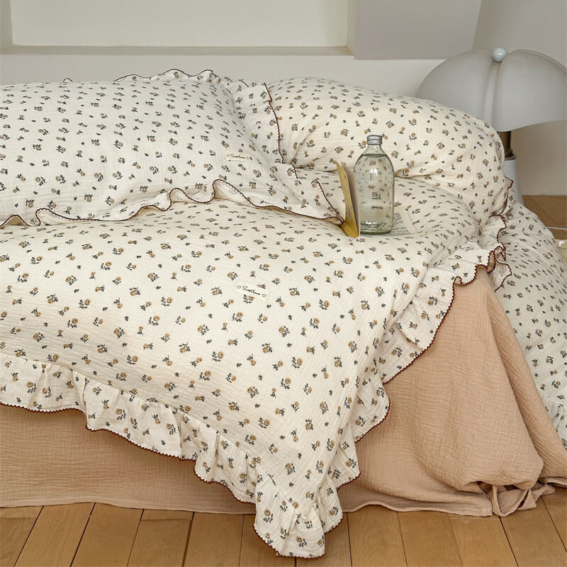 Rustic Ruffled Rose Floral Duvet Cover Set with shams, a perfect Cotton Gauze Bedding choice for a cozy room.