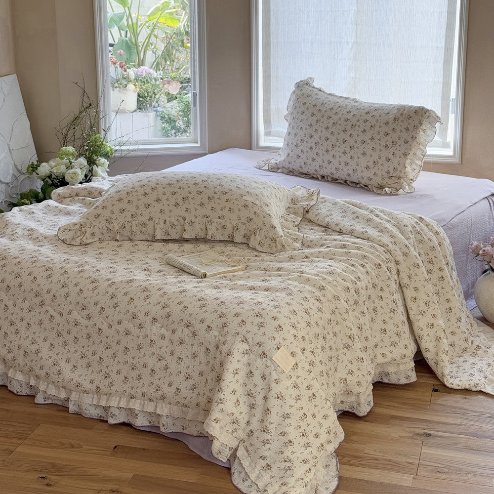 Soft floral cotton comforter with lavender gauze and matching bedding