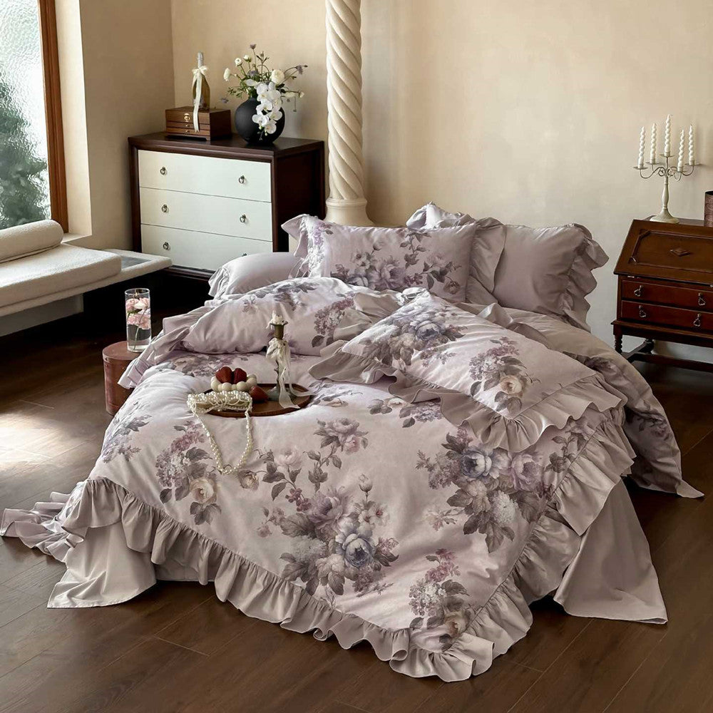 Lilac / Queen – 200 × 230 cm Long-Staple Cotton Floral Bedding Set – French Ruffle Style