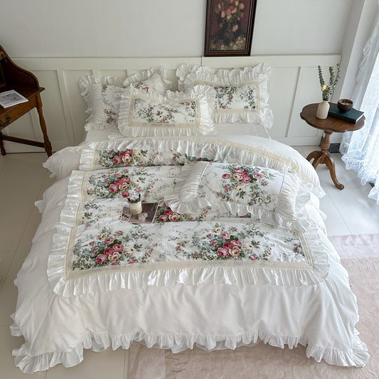 French Rose Cotton Bedding Set – Ruffled & Vintage Style - StuffedHome