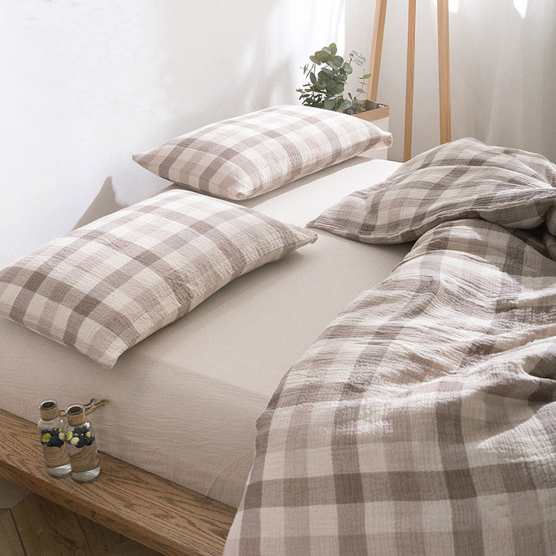 beige plaid bedding set with cotton gauze texture