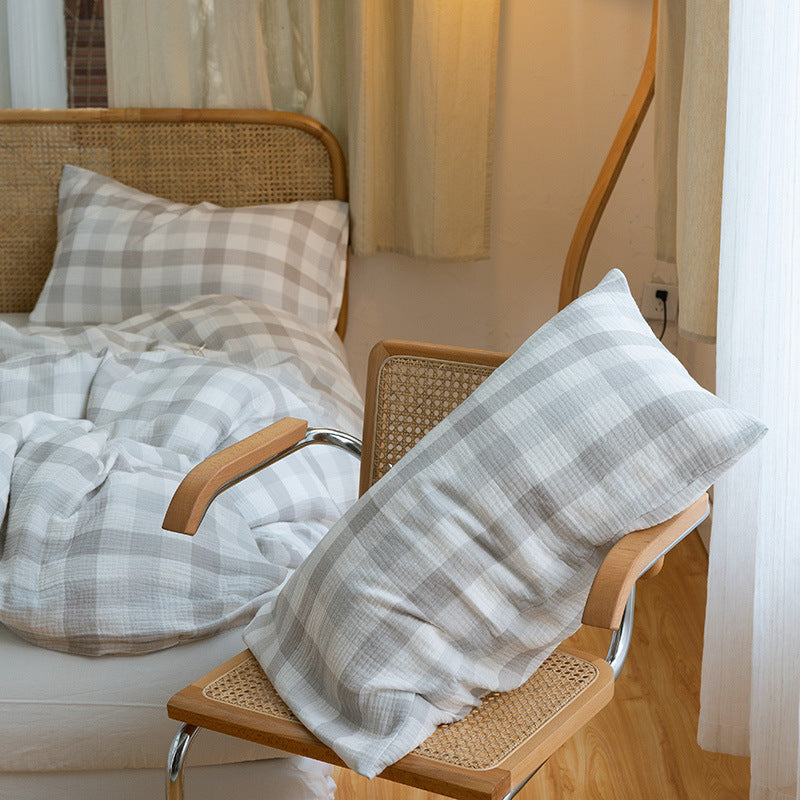 Light grey plaid bedding set with cotton gauze texture