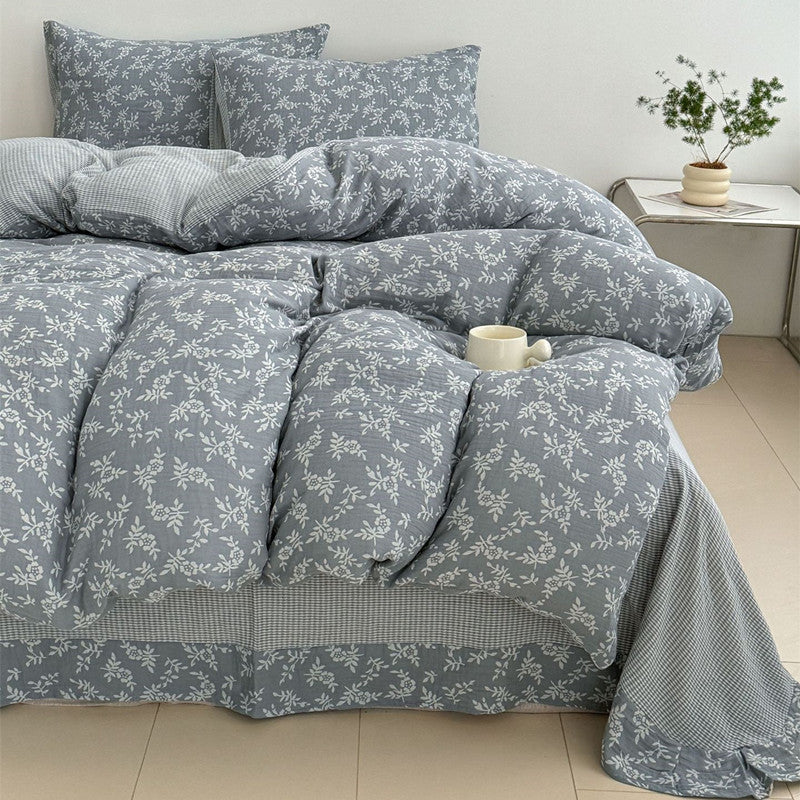 The main product image of the grey 100% Cotton Jacquard Duvet Cover Set, featuring a beautiful Leaf Pattern across the entire bedding ensemble.