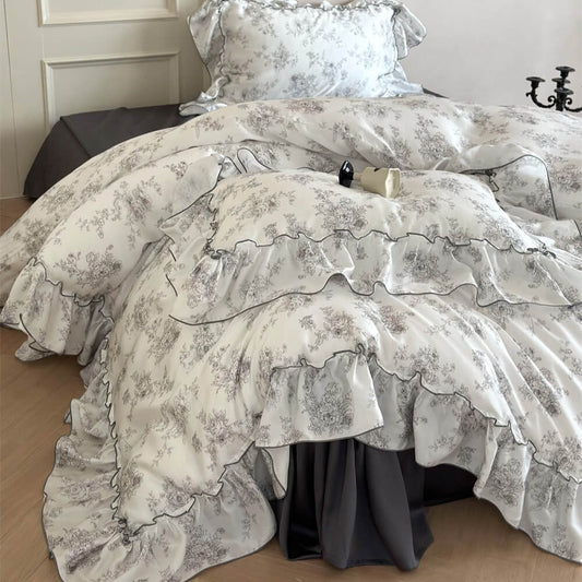 French Style 60s Lyocell Floral Ruffle Bedding Set - StuffedHome