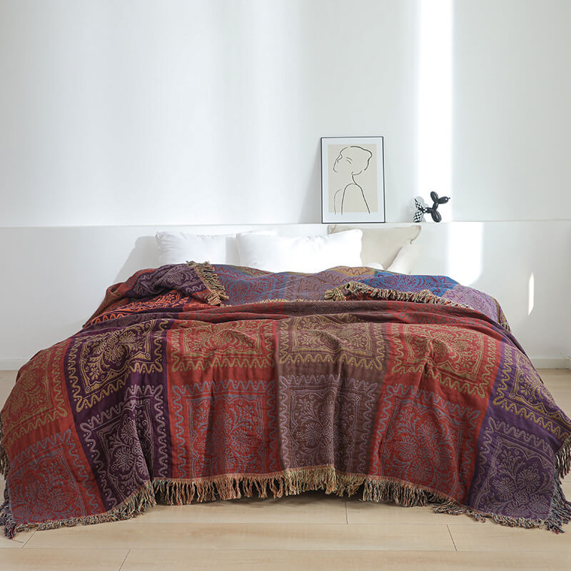 Cotton Jacquard Throw Blanket with Fringe - StuffedHome