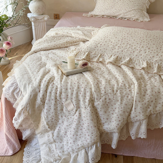 Romantic Floral Cotton Comforter – Ruffled Thin Quilt - StuffedHome