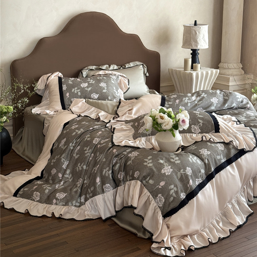 Romantic bedroom with olive gray rose TENCEL bedding and flowers