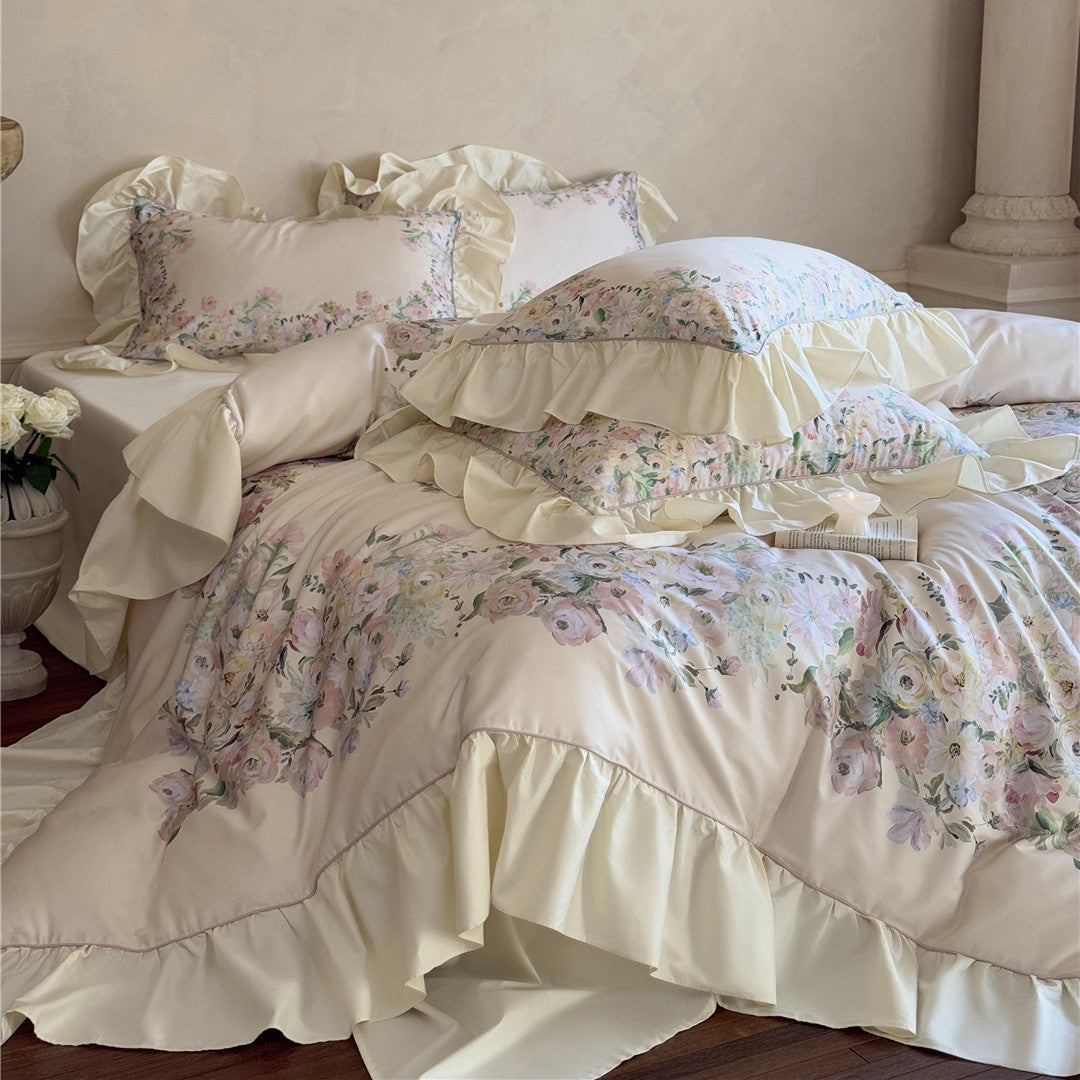 Beige floral ruffled bedding arranged with roses