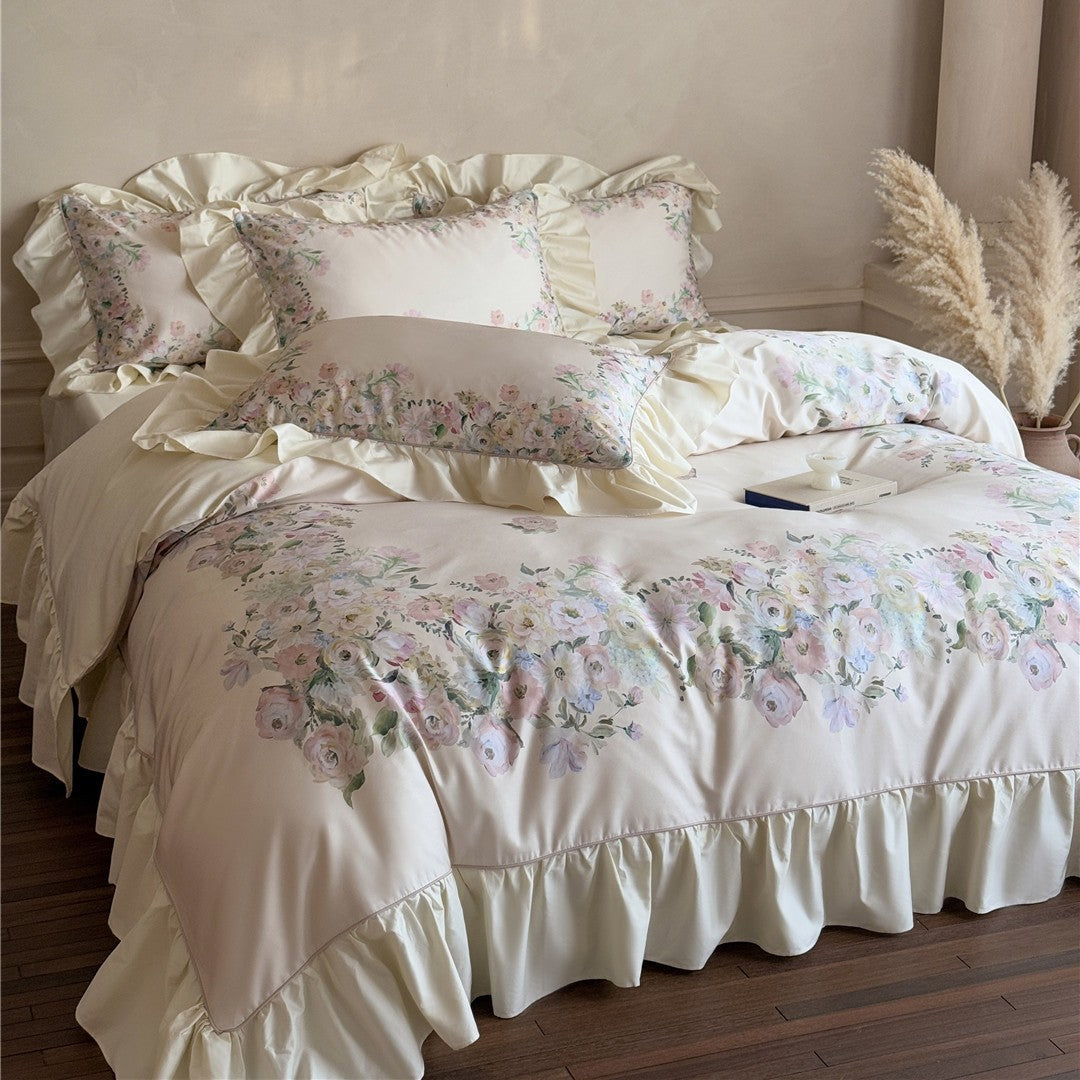 Beige romantic rose cotton bedding set styled on the bed
