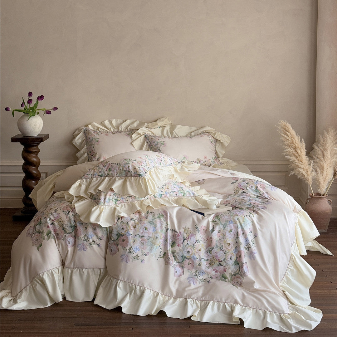Romantic Rose cotton bedding set in beige with light floral pattern, oversized ruffles, and vintage elegant bedroom decor.