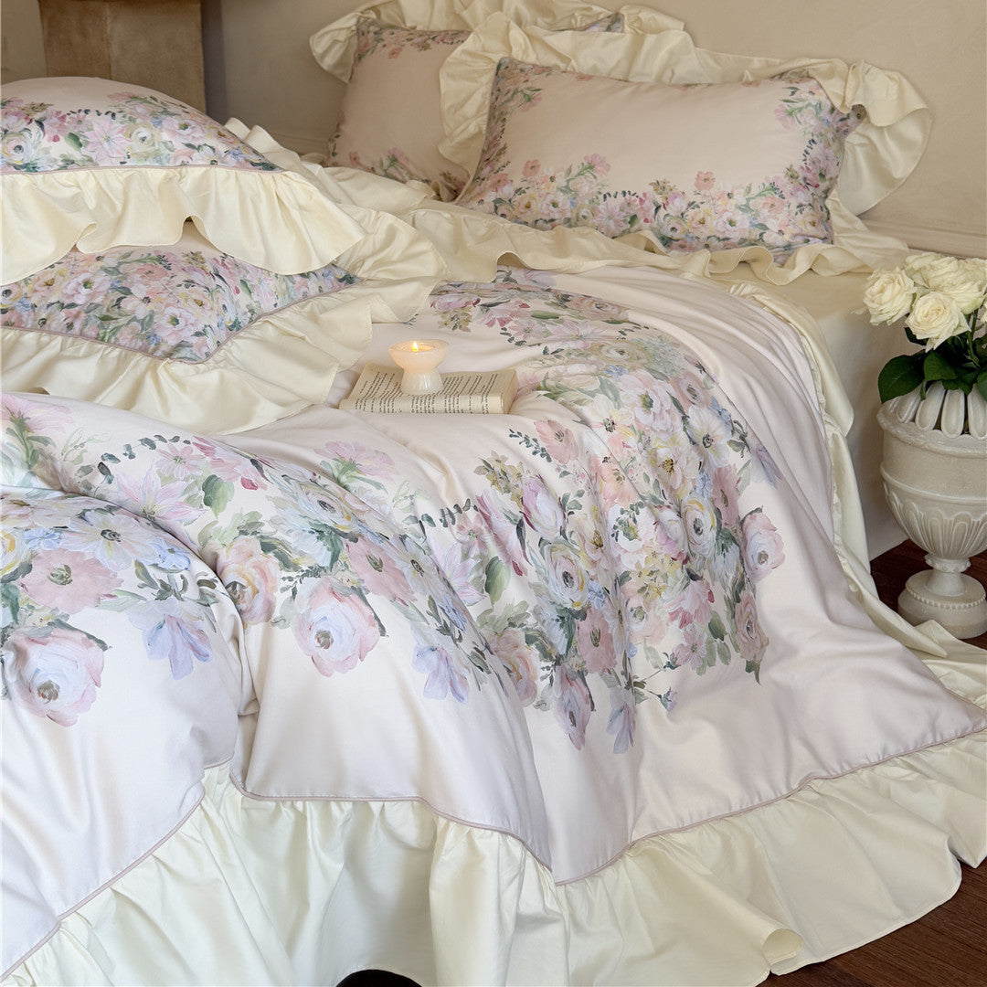 Side angle of beige rose floral cotton bedding set
