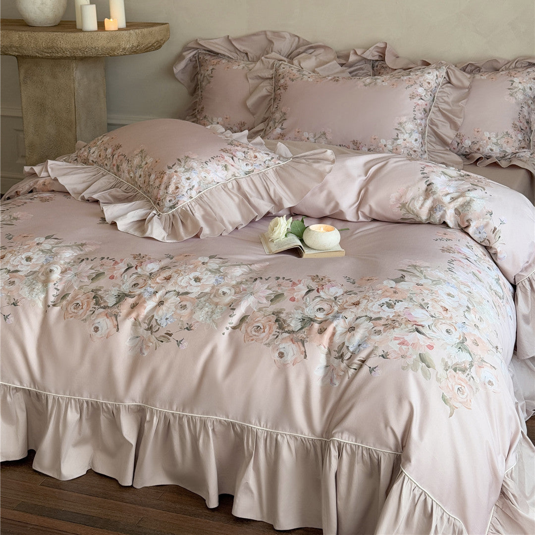 Romantic rose bedding set styled on the bed
