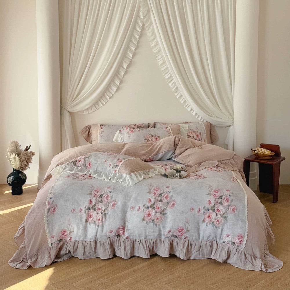 rench rose floral gauze bedding set in romantic blush pink tones with ruffled edges