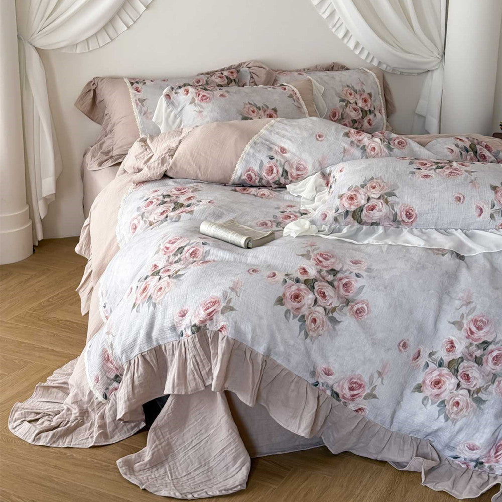 French-style rose floral gauze bedding displayed with matching pillowcases