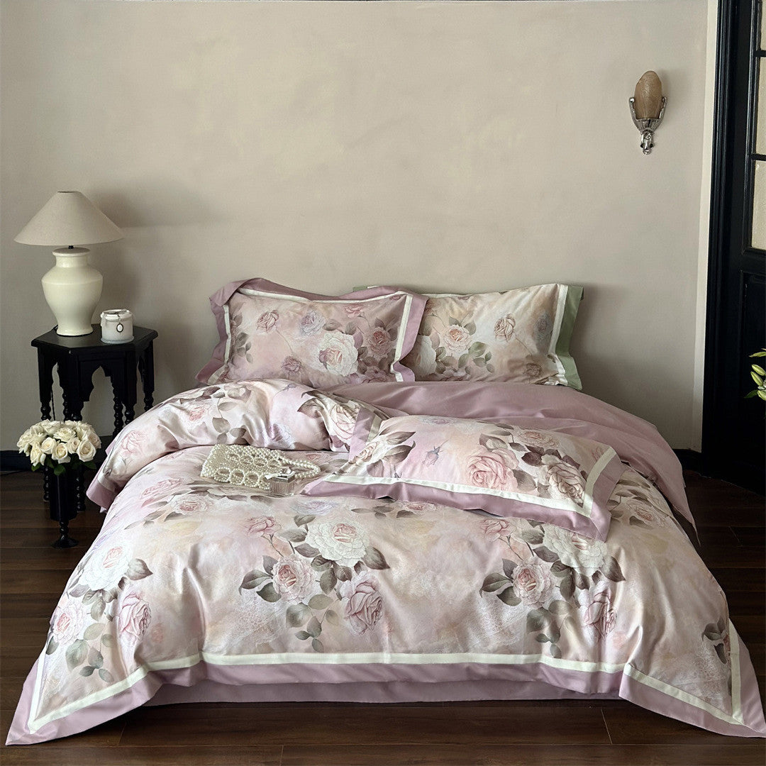 Full bed front view of rose garden pink bedding set with classic roses