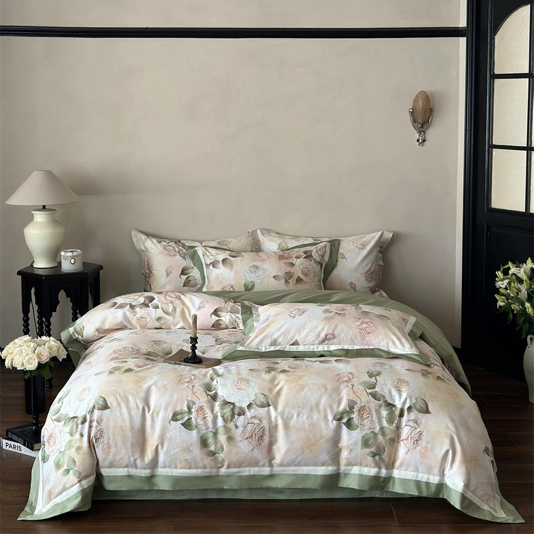 Front view of full rose garden bedding set in green tones
