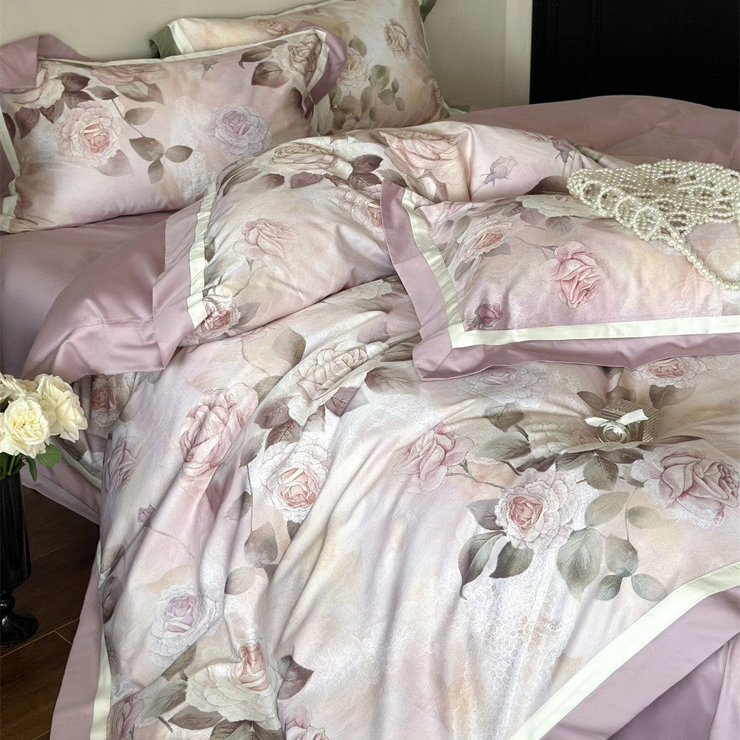 Close-up side view of pink duvet cover and matching pillowcases